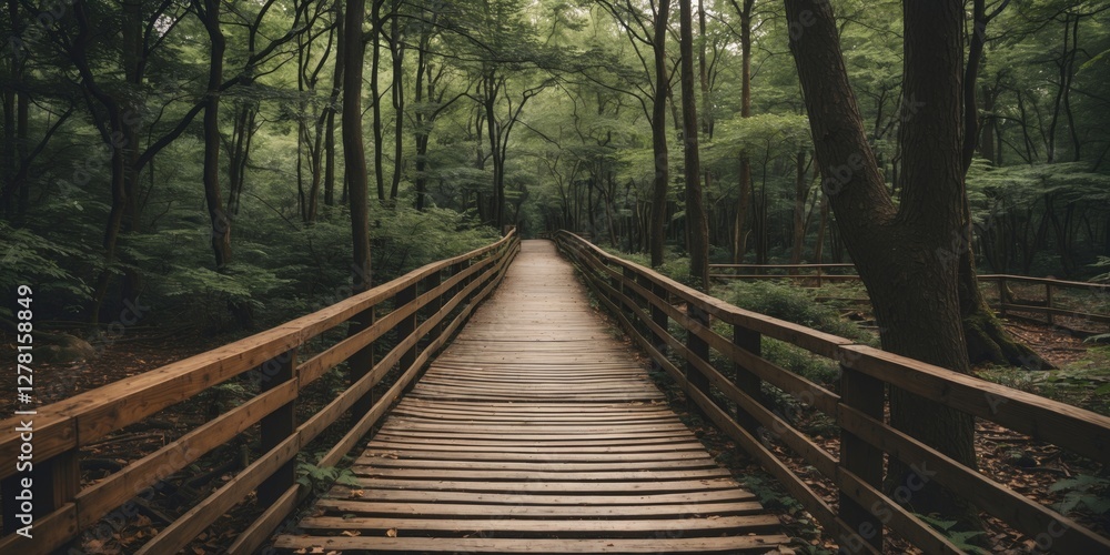 Obraz premium Wooden pathway through dense green forest with tall trees and natural light creating shadows on the ground