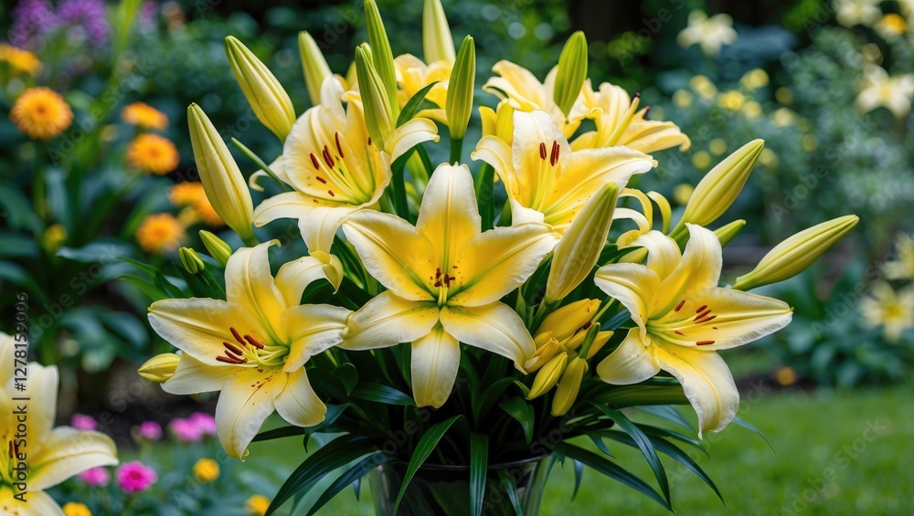 Yellow lilies bouquet in clear glass vase with green foliage surrounded by colorful garden flowers in soft focus background. Yellow lilies bouquet in clear glass vase with green foliage surrounded by colorful garden flowers in soft focus background.