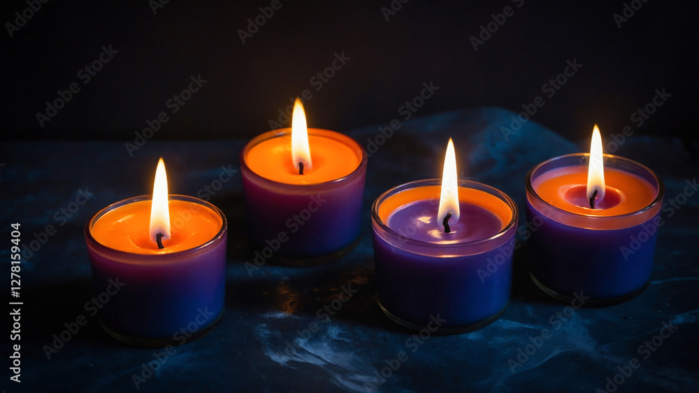 An atmospheric background with a group of lit candles in the dark An atmospheric background with a group of lit candles in the dark