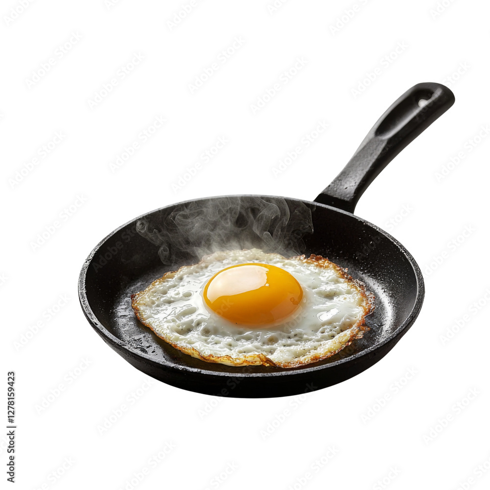 Fried egg in hot frying pan with steam rising, showcasing golden yolk and crispy edges. Perfect for breakfast or cooking scenes Fried egg in hot frying pan with steam rising, showcasing golden yolk and crispy edges. Perfect for breakfast or cooking scenes