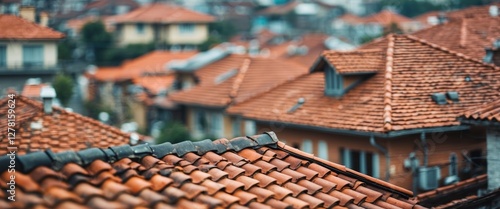 Roof landscape with red-tiled rooftops of houses in a small town with blurred background and depth of field effect.