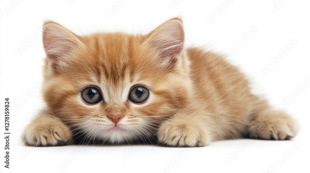 Fototapeta premium Adorable ginger kitten lying down on white background with captivating eyes and soft fur creating a heartwarming scene of innocence and charm