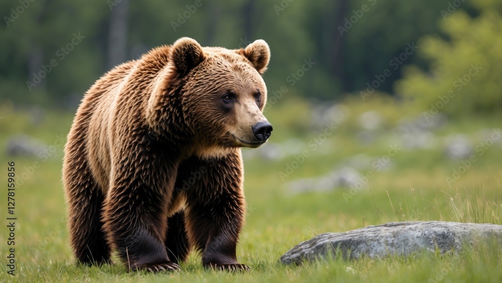 Grizzly bear walking in a grassy field surrounded by stones and trees in natural habitat during daytime Grizzly bear walking in a grassy field surrounded by stones and trees in natural habitat during daytime