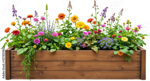 Fototapeta Naklejka Na Ścianę i Meble -  Vibrant Summer Flower Garden in Wooden Planter Box Blooming Blossoms Colorful Flowers