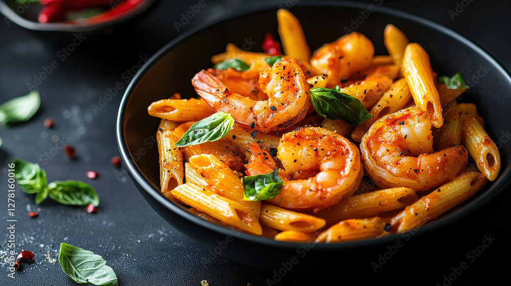 A professional studio photograph of a spicy shrimp penne pasta A professional studio photograph of a spicy shrimp penne pasta