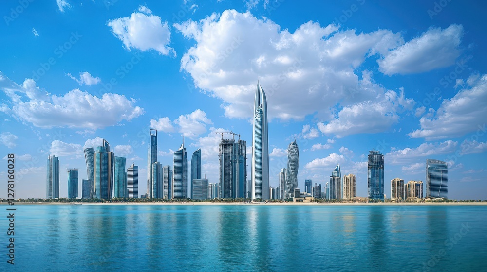Fototapeta premium Modern Skyscrapers and Clear Blue Sky by the Water in Dubai