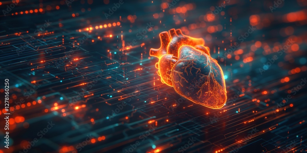 A glowing digital heart surrounded by vibrant circuitry, symbolizing the connection between technology and human life. A glowing digital heart surrounded by vibrant circuitry, symbolizing the connection between technology and human life.