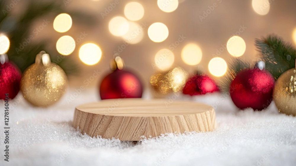 29.Minimalist display setup featuring a wooden pedestal on a snowy surface, surrounded by warm fairy lights and festive red-and-gold Christmas baubles. 29.Minimalist display setup featuring a wooden pedestal on a snowy surface, surrounded by warm fairy lights and festive red-and-gold Christmas baubles.