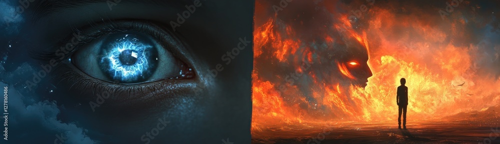 Two eyes overlaid with burning flames, intense gaze, double exposure effect, vivid fire hues, dramatic shadows, cinematic atmosphere, sharp detail, realistic texture Two eyes overlaid with burning flames, intense gaze, double exposure effect, vivid fire hues, dramatic shadows, cinematic atmosphere, sharp detail, realistic texture
