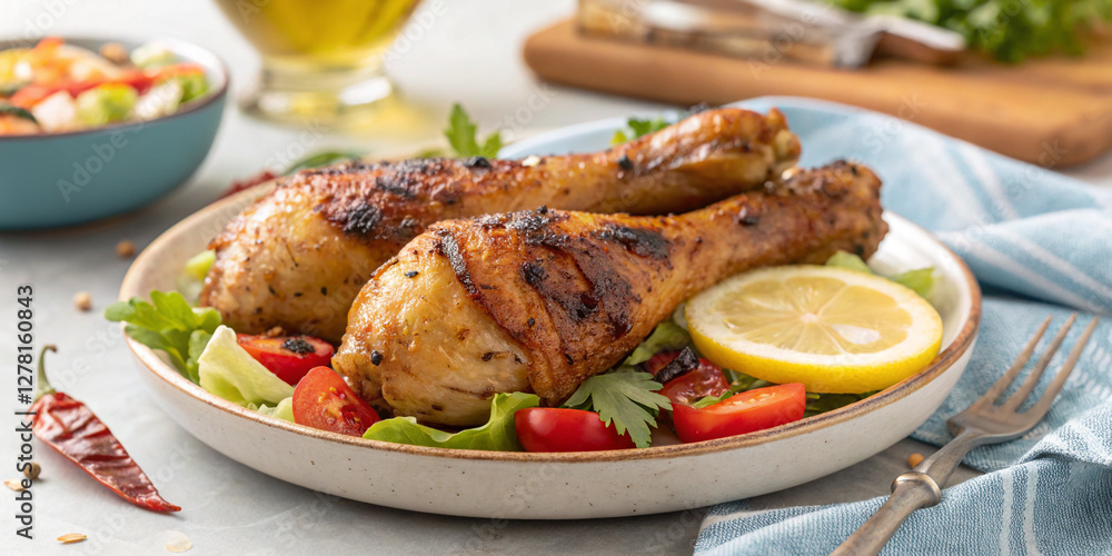 Grilled Chicken Legs with Vegetables and Lemon on a Plate, Perfect for Culinary Presentation Grilled Chicken Legs with Vegetables and Lemon on a Plate, Perfect for Culinary Presentation