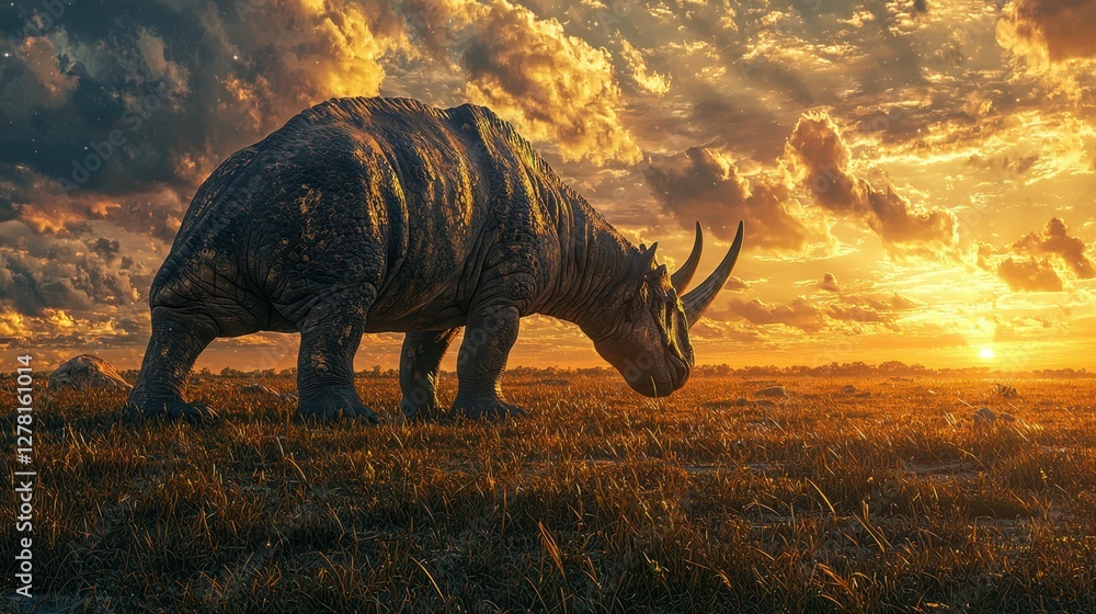 Fototapeta premium Majestic Rhinoceros Under Vibrant Sunset Sky in Open Landscape