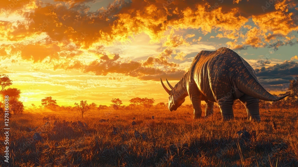 Fototapeta premium Dinosaur at Sunset in a Vibrant Landscape with Dramatic Clouds