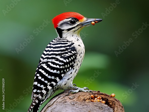 Red-crowned Woodpecker eating insects on log in forest photo