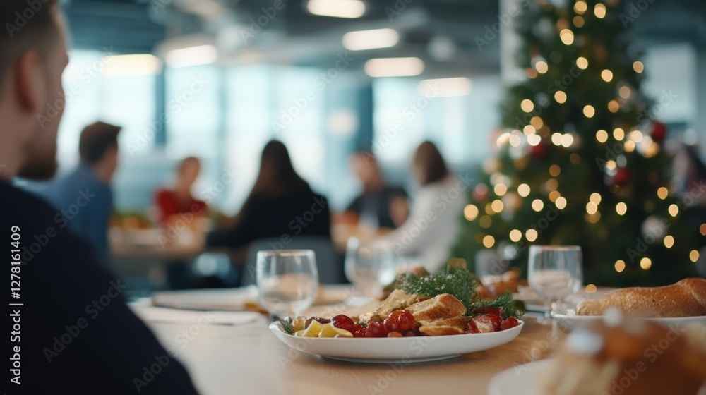 A group of coworkers sharing a festive meal in a modern office with bright decor, lively and cheerful setting, A group of coworkers sharing a festive meal in a modern office with bright decor, lively and cheerful setting,