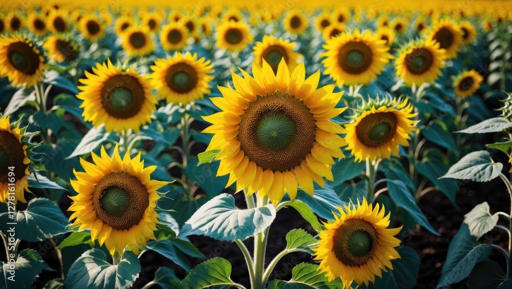 Fototapeta premium Vibrant sunflower field with numerous blooming sunflowers facing the sun in rural landscape during daytime