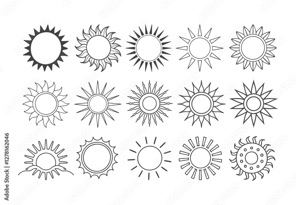 Set of vector sun icons. Sun icon set. Sunset icon collection. Hand drawn sun icon Set of vector sun icons. Sun icon set. Sunset icon collection. Hand drawn sun icon