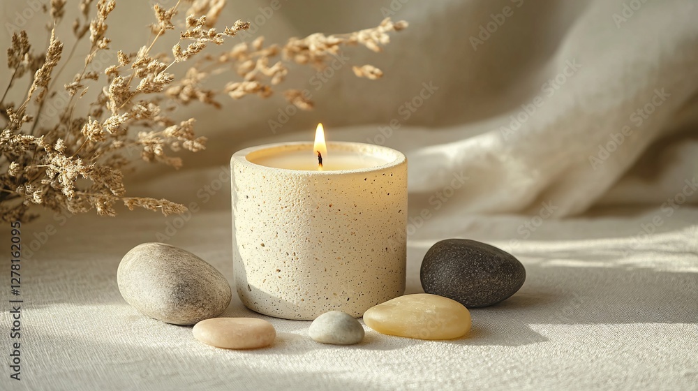 Warm aesthetic composition with an aroma candle and natural stones on a beige backdrop, evoking cozy home comfort and relaxation vibes. Warm aesthetic composition with an aroma candle and natural stones on a beige backdrop, evoking cozy home comfort and relaxation vibes.