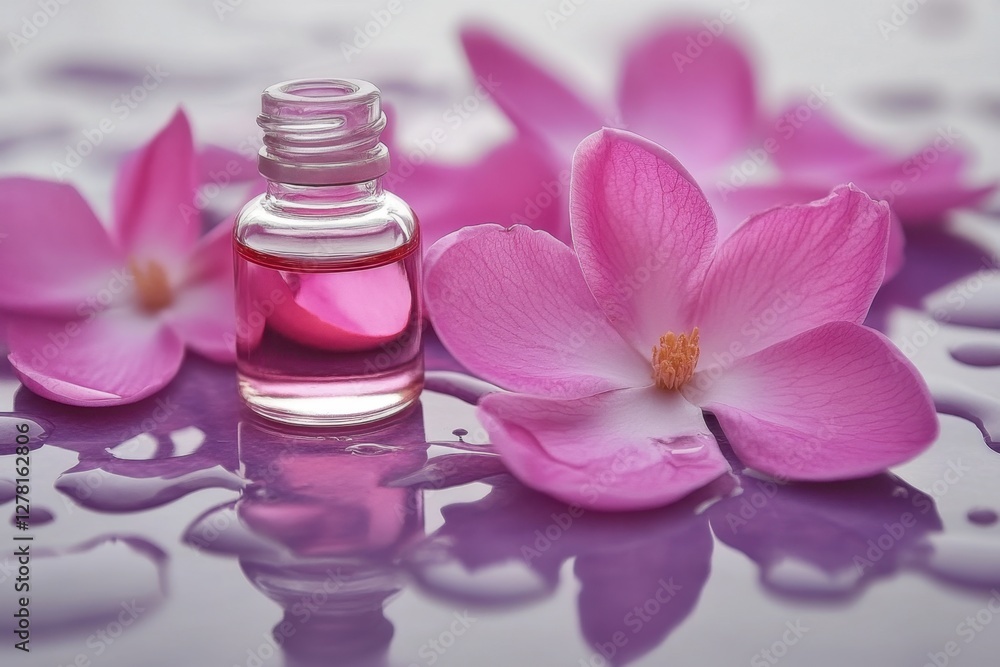 Serene essence bottle with pink flower petals and water droplets creating a tranquil and soothing atmosphere for spa relaxation and wellness Serene essence bottle with pink flower petals and water droplets creating a tranquil and soothing atmosphere for spa relaxation and wellness