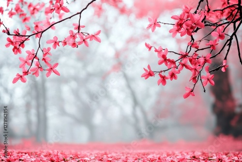 Pink cherry blossoms in dreamy spring landscape