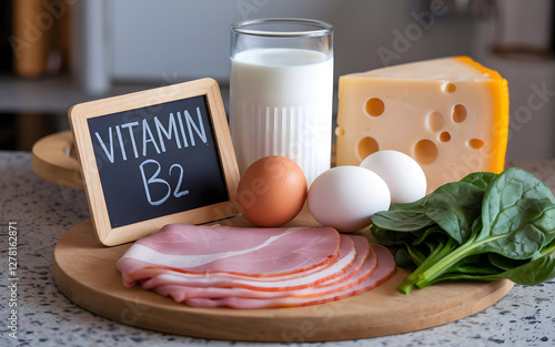 Wholesome Vitamin B2-Rich Ingredients on a Wooden Countertop
 photo