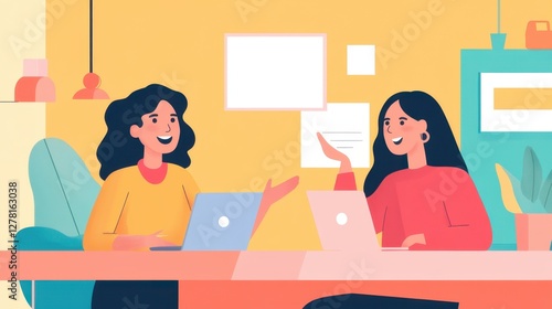 Modern office space with employees working on computers, engaged in discussions, and collaborating in a bright, open workspace.