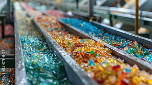 Wallpaper Mural Colorful Raw Materials in a Modern Production Facility Showing Vibrant Glass or Plastic Fragments on Conveyor Belts for Environmental Impact Torontodigital.ca