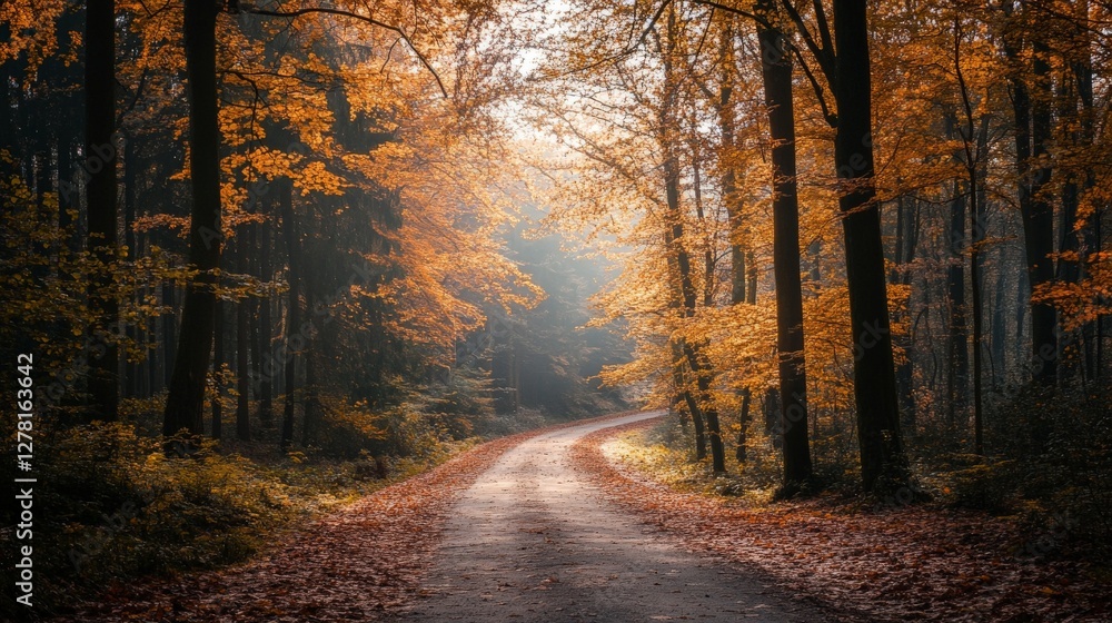 Fototapeta premium Sun shining through the trees on a dirt road in the forest in the fall