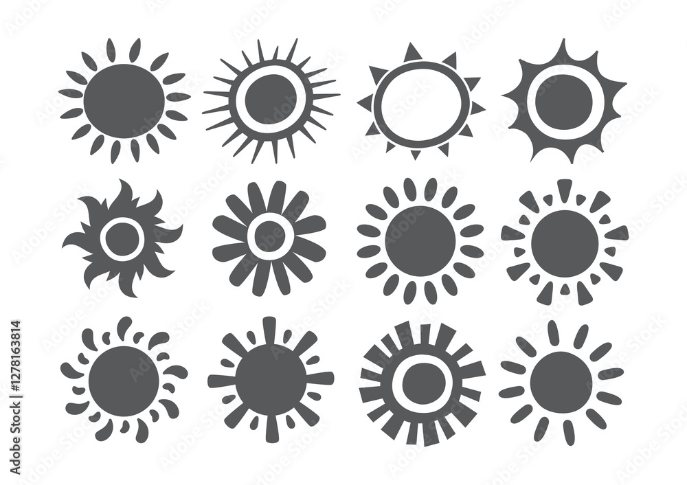 Set of vector sun icons. Sun icon set. Sunset icon collection. Hand drawn sun icon Set of vector sun icons. Sun icon set. Sunset icon collection. Hand drawn sun icon