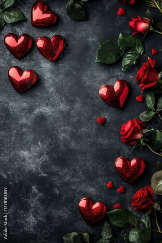 Romantic Valentine's Day Background: Red Hearts and Roses on Dark Surface