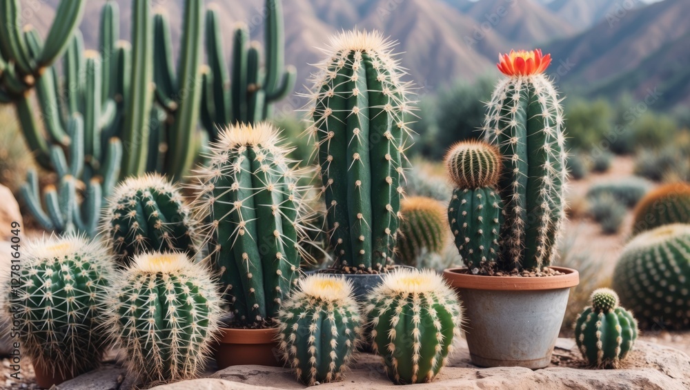 Fototapeta premium Assorted cacti in various shapes and sizes arranged in pots with mountainous background and natural lighting in desert landscape