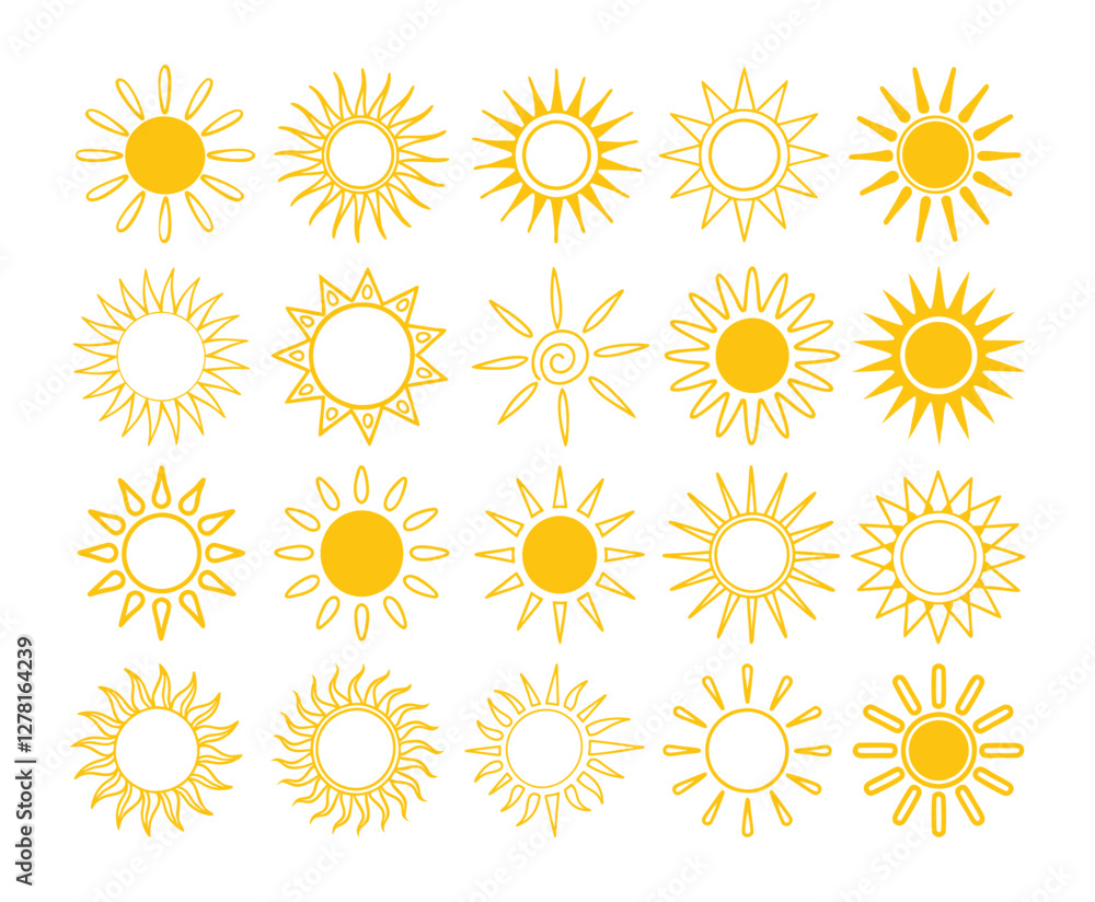 Set of vector sun icons. Sun icon set. Sunset icon collection. Hand drawn sun icon Set of vector sun icons. Sun icon set. Sunset icon collection. Hand drawn sun icon