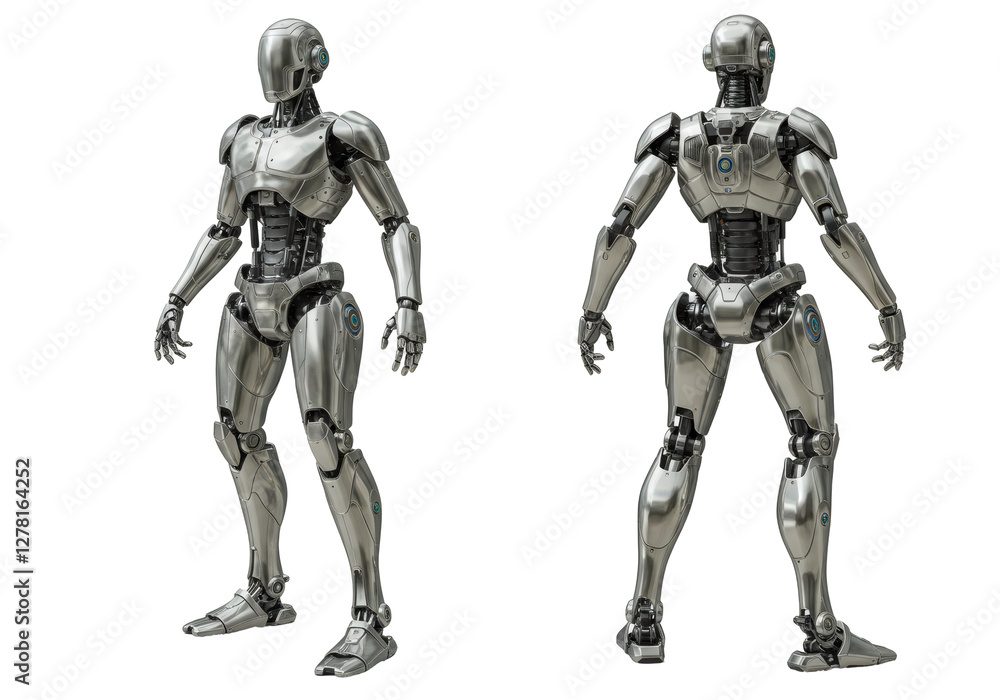 Detailed Metallic Robot Model, Front and Back Views, Transparent Background Detailed Metallic Robot Model, Front and Back Views, Transparent Background