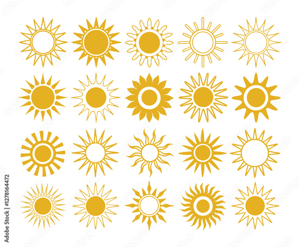 Set of vector sun icons. Sun icon set. Sunset icon collection. Hand drawn sun icon Set of vector sun icons. Sun icon set. Sunset icon collection. Hand drawn sun icon