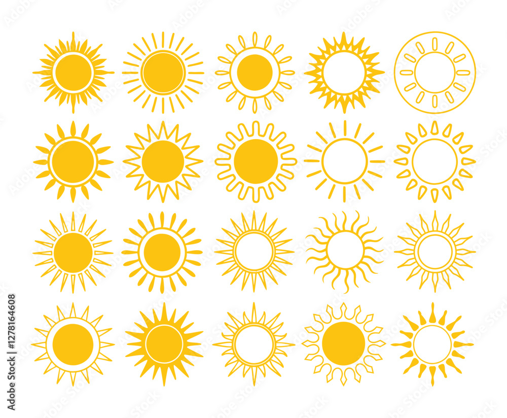 Set of vector sun icons. Sun icon set. Sunset icon collection. Hand drawn sun icon Set of vector sun icons. Sun icon set. Sunset icon collection. Hand drawn sun icon