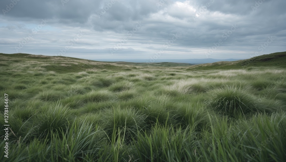 Fototapeta premium Lush green grass landscape under cloudy sky with rolling hills and distant horizon visible in serene natural setting