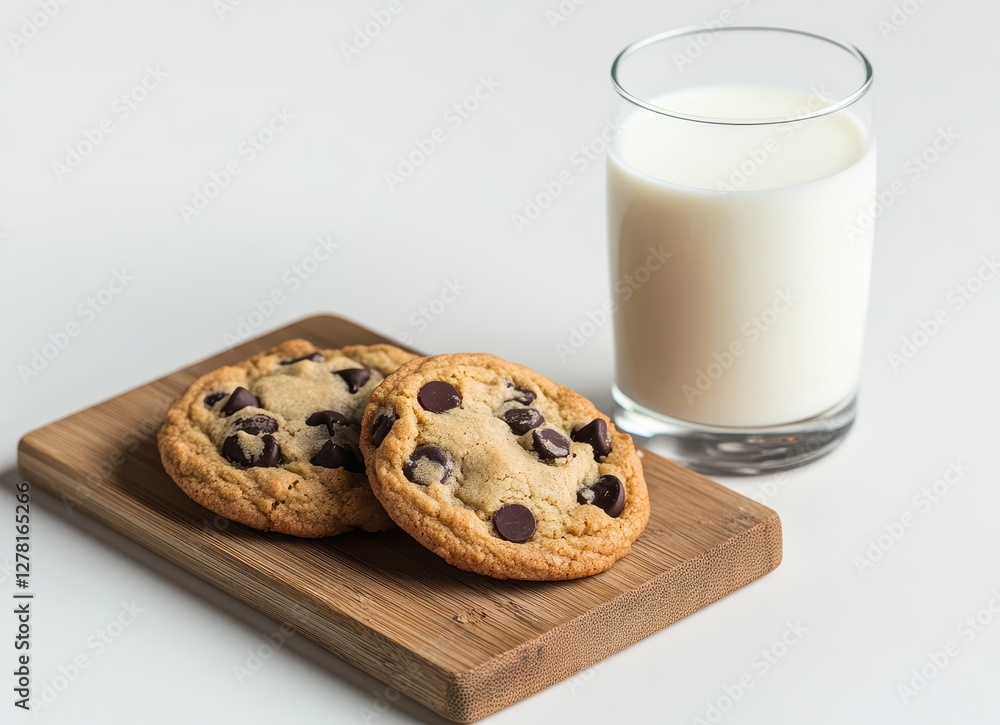 Grade A chocolate chip cookies on a wooden board, accompanied by a glass of milk and a cozy atmosphere. Grade A chocolate chip cookies on a wooden board, accompanied by a glass of milk and a cozy atmosphere.
