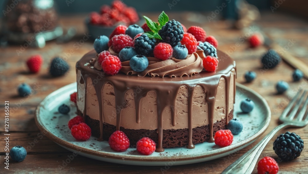 Chocolate cake topped with assorted berries and mint on wooden table with blurred background Chocolate cake topped with assorted berries and mint on wooden table with blurred background