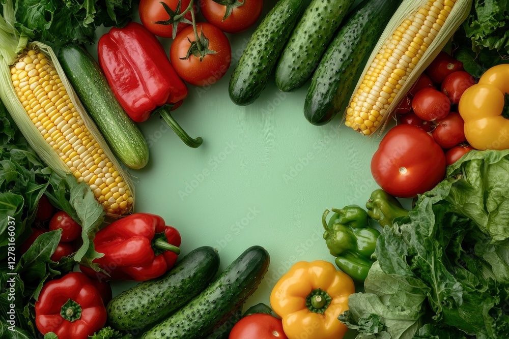 pile of vegetables, including tomatoes, peppers, cucumbers and corn on green background. copy space. vegan food, healthy eating, sustainable farming pile of vegetables, including tomatoes, peppers, cucumbers and corn on green background. copy space. vegan food, healthy eating, sustainable farming