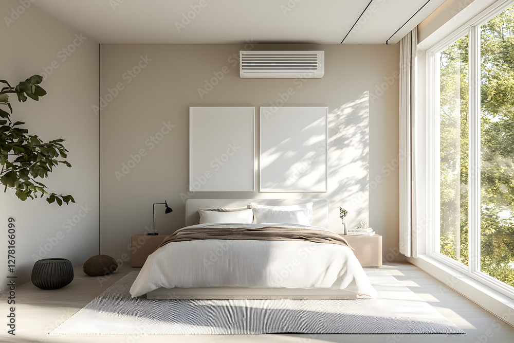 Fototapeta premium Bright Airy Bedroom with Efficient Wall-Mounted Air Conditioner 