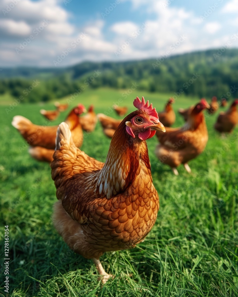Fototapeta premium Captivating close up of a free range hen amidst a lush green pasture with a backdrop of rolling hills and a clear blue sky