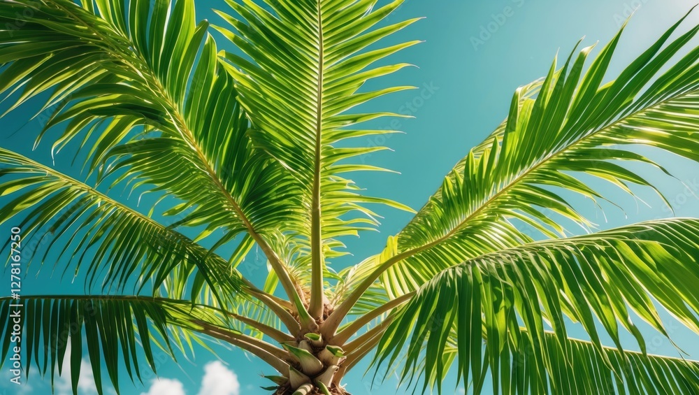 Green palm tree leaves against a bright blue sky creating a tropical atmosphere with natural lighting and vivid colors. Green palm tree leaves against a bright blue sky creating a tropical atmosphere with natural lighting and vivid colors.