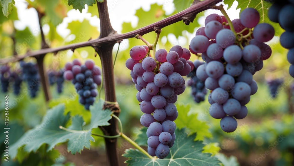 Clusters of ripe purple grapes on vine surrounded by green leaves in vineyard during harvest season. Clusters of ripe purple grapes on vine surrounded by green leaves in vineyard during harvest season.