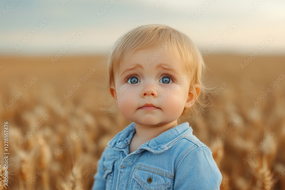 Child with blonde hair standing in a golden wheat field during sunset Child with blonde hair standing in a golden wheat field during sunset