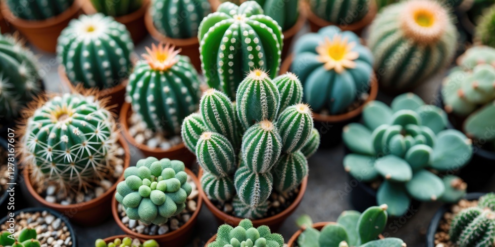 Fototapeta premium Variety of cacti and succulents in pots displayed in a greenhouse with bright natural lighting and textured background