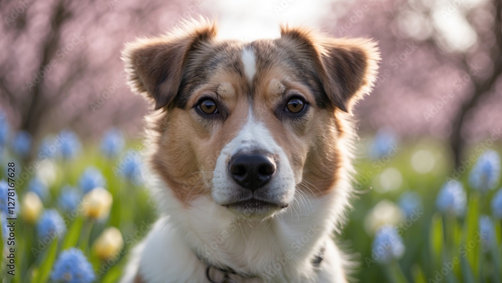 Dog portrait in a floral field with blue and yellow flowers and soft-focus trees in the background during daylight.