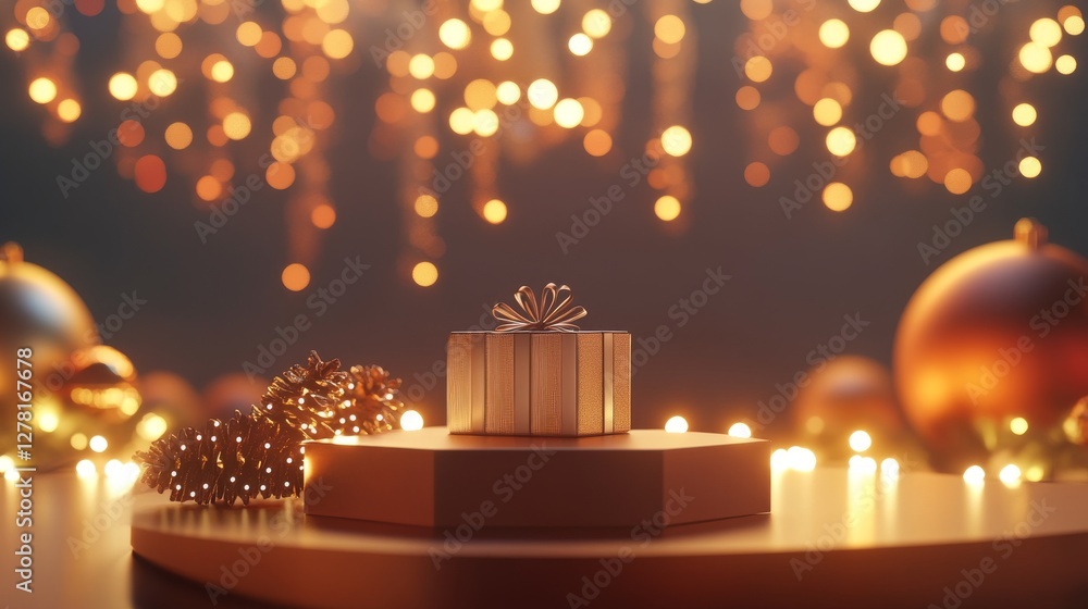 110.A 3D studio-rendered scene with a geometric podium at the center, featuring a beautifully crafted gift card beside it, glowing softly with Christmas-themed lights, set against a warm, festive 110.A 3D studio-rendered scene with a geometric podium at the center, featuring a beautifully crafted gift card beside it, glowing softly with Christmas-themed lights, set against a warm, festive