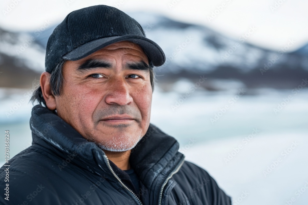 Man stands in winter landscape near frozen river with mountains in the background during clear weather Man stands in winter landscape near frozen river with mountains in the background during clear weather