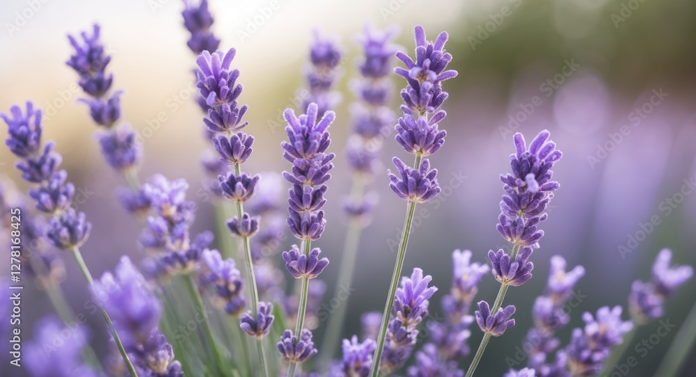 Close-up of lavender flowers with soft purple blossoms and green stems in a blurred background of a garden setting. Close-up of lavender flowers with soft purple blossoms and green stems in a blurred background of a garden setting.
