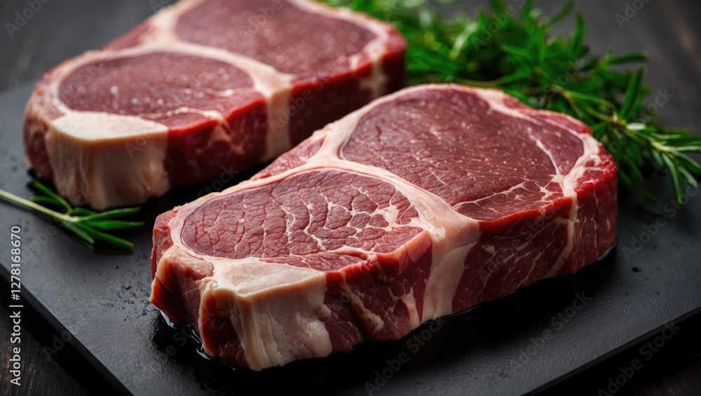 raw beef steaks with marbled texture on a dark cutting board surrounded by fresh rosemary herbs raw beef steaks with marbled texture on a dark cutting board surrounded by fresh rosemary herbs