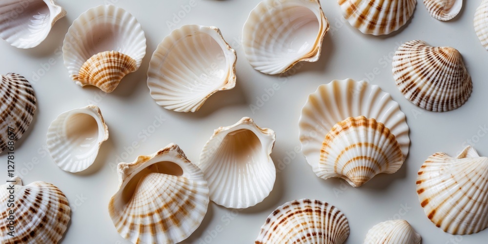 variety of seashells displayed on a light background showcasing intricate patterns and textures of natural marine elements variety of seashells displayed on a light background showcasing intricate patterns and textures of natural marine elements